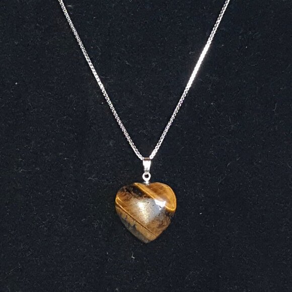 Elegant 925 Sterling Silver Natural Golden Tiger Eye Heart Pendant Necklace - Picture 9 of 11